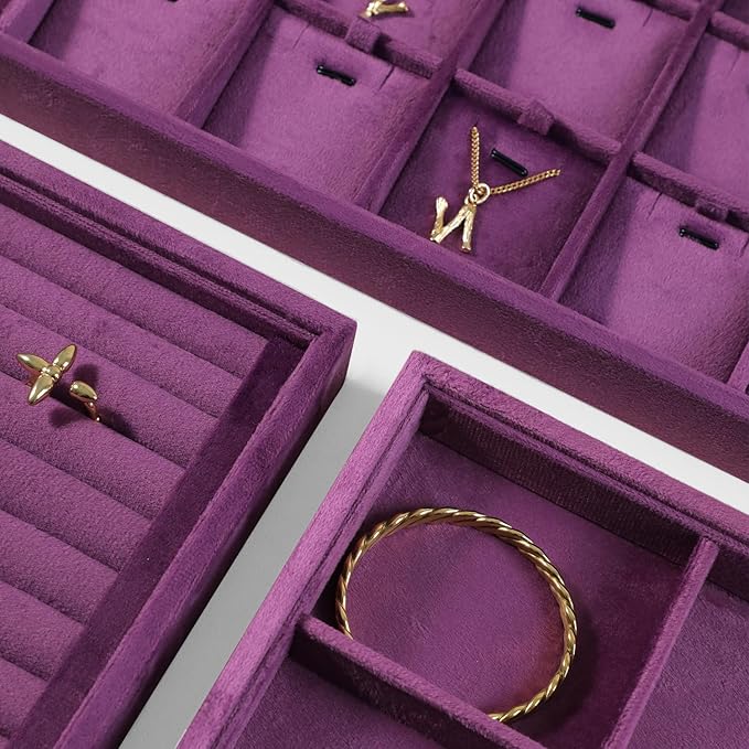 Velvet Stackable Jewelry Display Tray, 12 Grid Watch Bangle Bracelet Storage Tray, Makeup Drawer Insert Jewelry Shop Organizer Plate (Purple)