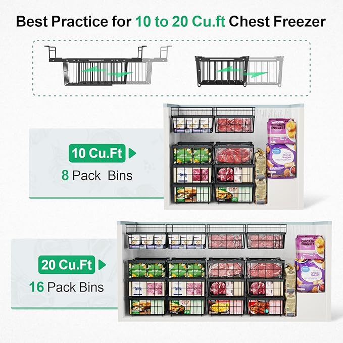 iSPECLE Deep Freezer Organizer Bins - 3 Pack Large Freezer organizer Bins, Hanging Basket Expands to 22.6" (L), Stackable Bins Expand to 17.1"(L), Fit 10 to 20 Cu.FT, 1 Hanging & 2 Stacking, Black