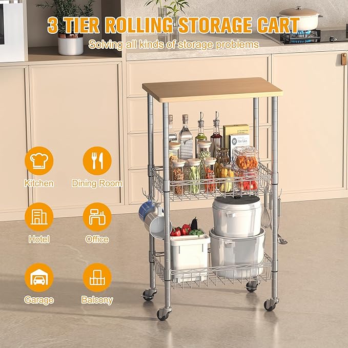 Homeiju Rolling Kitchen Storage Cart, 3-Tier Storage Rack on Caster Wheels with Adjustable 2 Baskets, Coffee Station Cart Rack Shelf Organizer for Living Room Office, Balcony, Chrome/Silver
