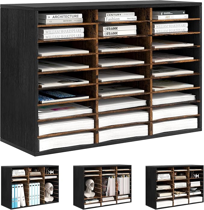 Literature Organizer 27 Slots Wooden Mailboxes for Classroom Office Mail Organizer Countertop Vertical File Sorter with Adjustable Shelves Heavy Duty Office Mailbox Cubbies, Black/Rustic Brown