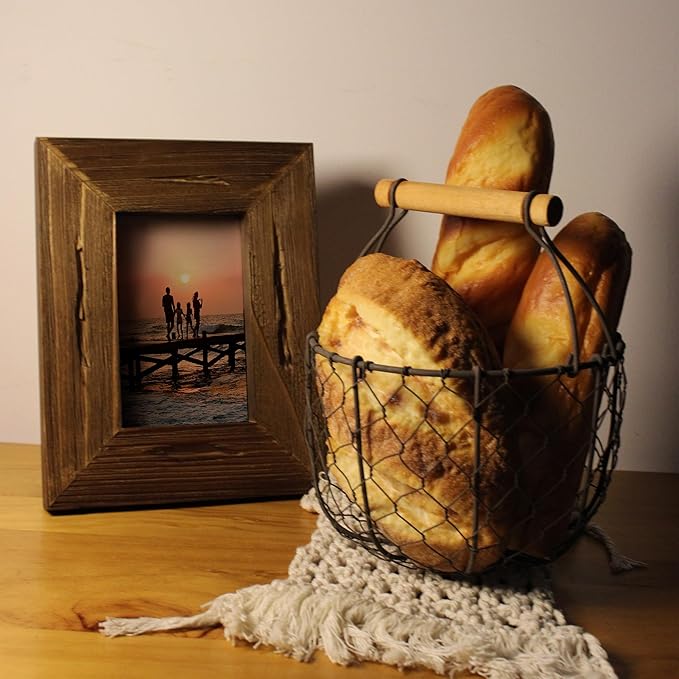 CVHOMEDECO. Round Chicken Wire Egg Basket Fruit Basket with Wooden Handle Primitives Vintage Gathering Basket. Rusty