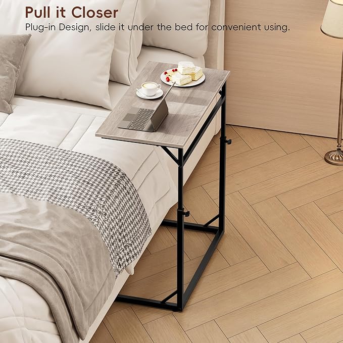Vagusicc C Shaped End Table, 33.5"Tall Side Table for Couch, C-Table Sofa Table Adjustable Height Side Table, Large Surface Slide Under Couch Table, Coffee Table TV Tray for Living Room, Bedroom, Grey