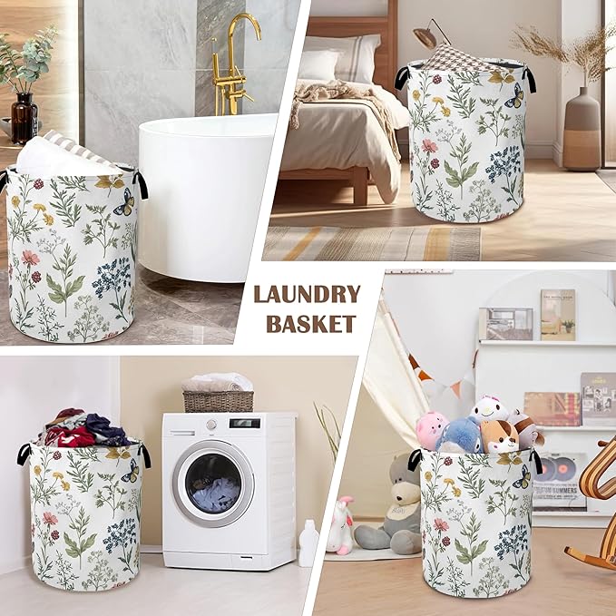 Beautiful Floral Laundry Hamper,Collapsible Laundry Baskets,Flowers Butterfly Dirty Clothes Baskets with Handles,Oxford Cloth Hamper for Bedroom,Bathroom,College Dorms,16"x20"