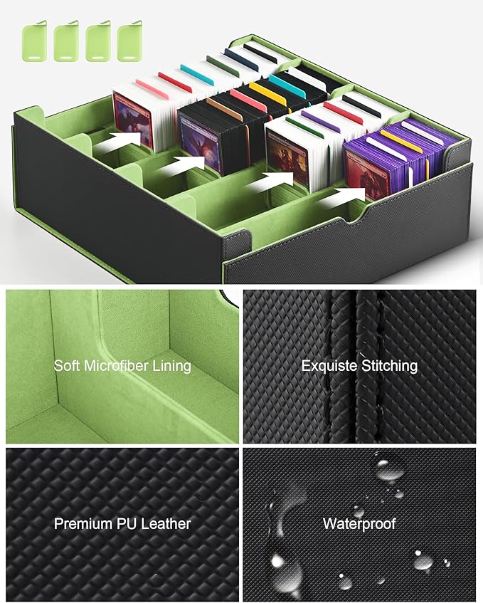 ZLCA Card Storage Box for MTG PTCG, Commander Deck Box Holds 3200+ Cards, Trading Card Storage Case with 4 Stoppers, Card Organizer for TCG Sport Cards(Black&Green)