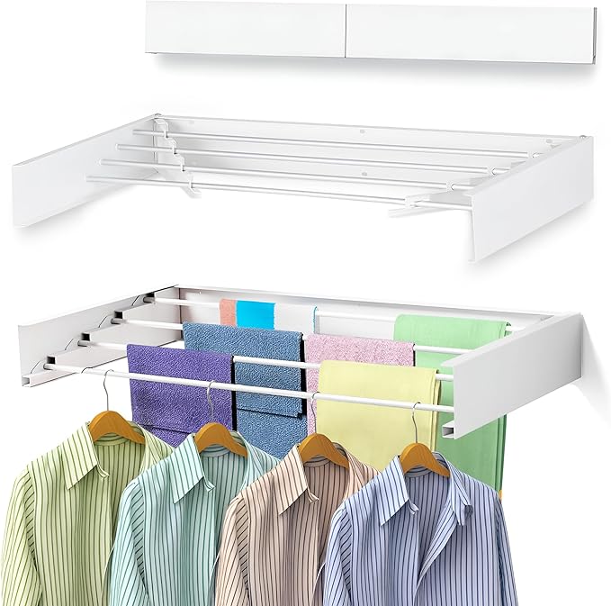 32” Foldable Clothes Drying Rack Wall Mounted - Laundry Drying Rack Collapsible with 4 Steel Poles - Wall Mounted Laundry Room Organization and Storage for Kitchen, Bathroom, Indoor-Outdoor Use