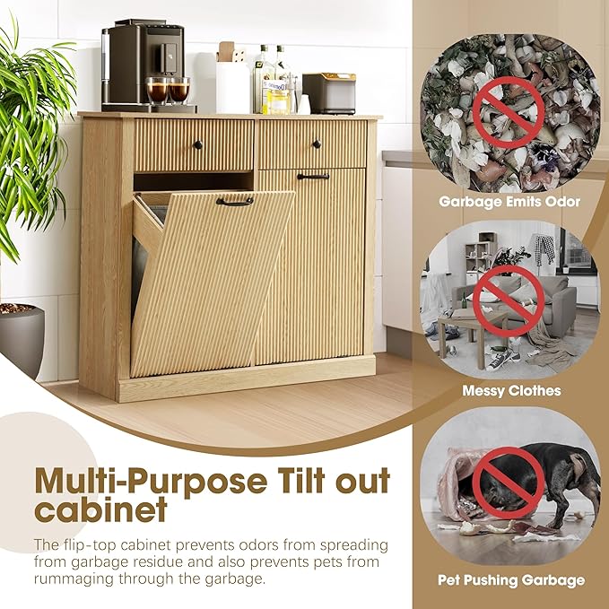 Grepatio Tilt Out Fluted Laundry Hamper Cabinet, 22 Gallon Double Hidden Laundry Hamper, Wooden Trash Can Cabinets with 2 Drawers, Modern Garbage Can Cabinet for Bathroom, Kitchen (Natural, Double)