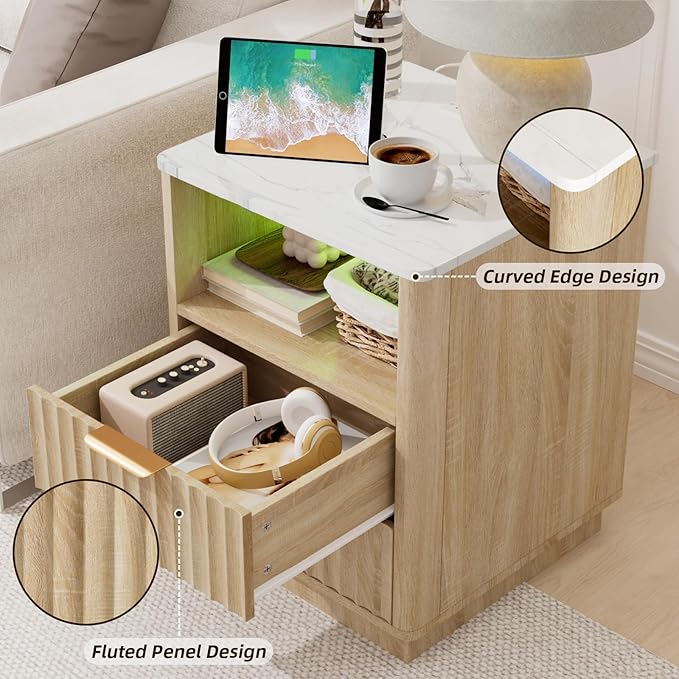 VOWNER Fluted Nightstand with Charging Station, 18” Night Stand with 2 Drawers, Faux Marble Top End Table with Storage Shelf, Curved Profile Side Table, Bedside Table for Bedroom Living Room, Oak