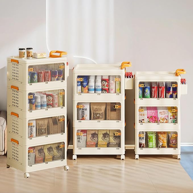 58 QT Storage Bins with Lids, Stackable Rolling Storage Cart with Clear Doors, 3 Tier Storage Cart on Wheels, Plastic Storage Containers for Home, Office, Kitchen, Bedroom, White