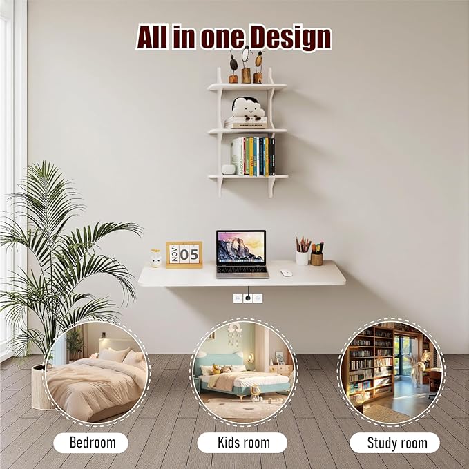 Pmnianhua Wall Mounted Folding Table, 47'' Floating Laptop Desk with Shelves, Foldable Drop Leaf Table, Wall Mount Fold Down Table for Laundry Room Kitchen Bar Home Office Small Space(White)