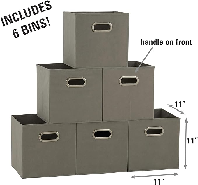 Household Essentials 84-1 Foldable Fabric Storage Bins Set of 6 Cubby Cubes with Handles Gray (Pack of 6)