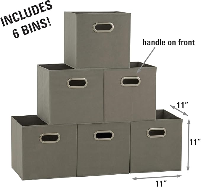 Household Essentials Foldable Fabric Storage Cubes 6-Pack – 11x11x11 Stackable Non-Woven Bins with Chipboard Sides & Grommet Handles – Closet, Shelf, Nursery, or Office Organizer – Dove Gray