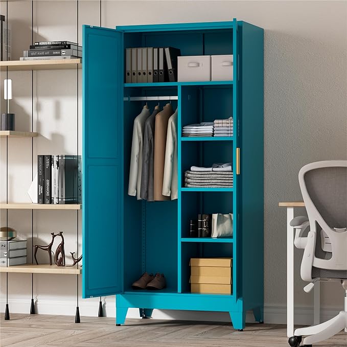 71" Tall Metal Wardrobe Closet with Adjustable Shelves and Hanging Rod, 2 Doors Office Storage Locker Cabinet for Home, Office, Bedroom, Laundry Room, Blue