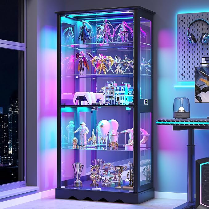 Display Cabinet with Glass Doors, 71'' Tall Curio Cabinet with RGB Lights for Collectibles, LED Display Case with Removable Shelf for Book/Medal/Figure, Black