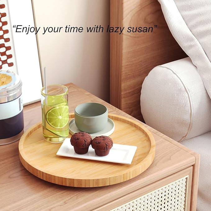 Lazy Susan Organizer for Kitchen,Bamboo Turntable for Cabinet,Pantry,Vanity,Middle（Natural）