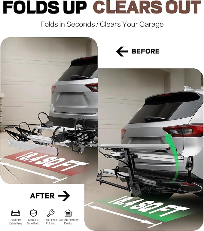 RokRack Plus Foldable 2 Ebike Rack with Ramp, 200 lbs Capacity Electric Bike Carrier Platform Mount, Hitch Bike Rack for Car SUV with Hitch Stabilizer, Lock Pin, Rain Cover & Lock
