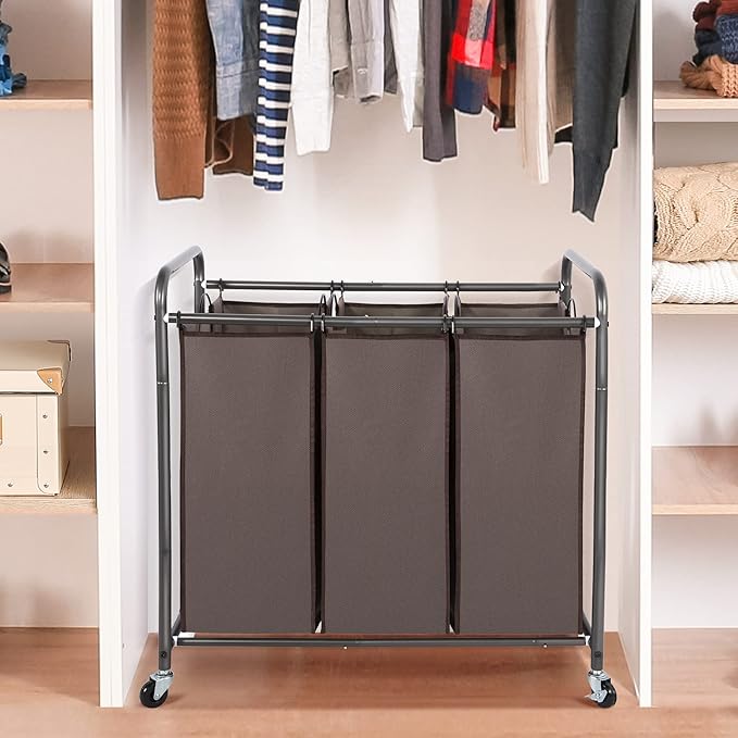 STO STO Laundry Sorter 3 Section, 3 Bag Laundry Hamper, Rolling Laundry Cart, Laundry Basket with Heavy Duty Lockable Wheels and Removable Bag for Clothes Storage, Brown