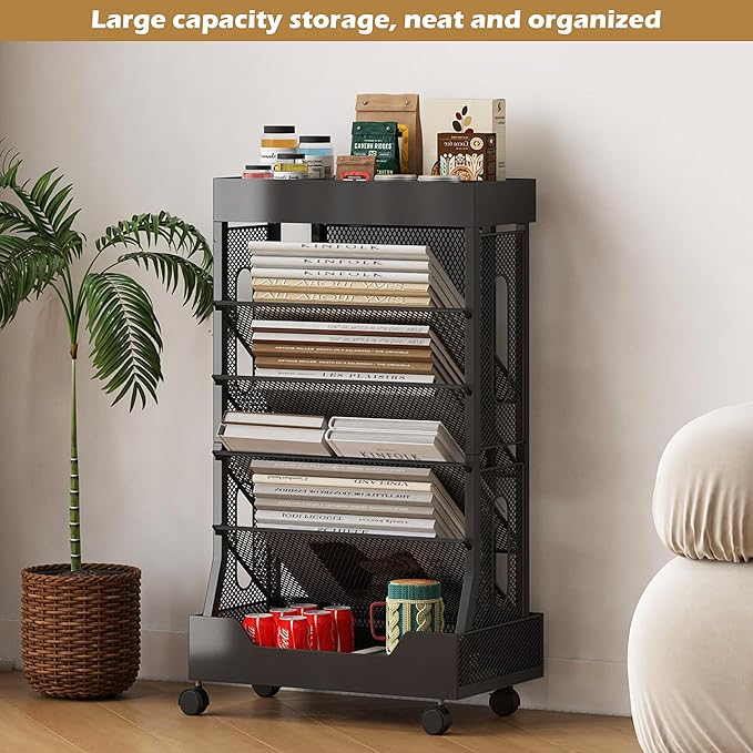 Book Cart with Wheels Mobile Bookshelf Rolling Bookshelf Organizer Bookcase Book Storage Rack, Book Movable Rolling Carts with Wheels for Office School, Black