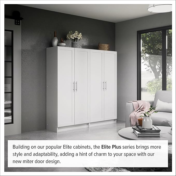 Prepac Elite 65" Tall Storage Cabinet with Panel Doors, Double Door Wood Kitchen Pantry, Dining Room Cupboard with 2 Adjustable and 1 Fixed Shelf, Free Standing Living Room Accent Cabinet, White