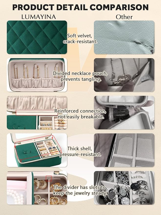 Velvet Travel Jewelry Box with Large Mirror, Double-Layer Jewelry Organizer Case for Women and Girls, Portable Storage Case with 6 Anti-Tarnish Bags Gift Ready for Her (Emerald Green)