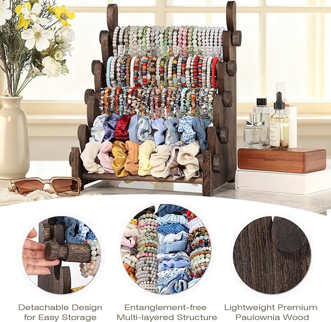 TOPNEW 5 Tier Wooden Bracelet Holder, Scrunchie Bangle Watch Necklace Display Storage Jewelry Holder Stand Display Organizer, Brown