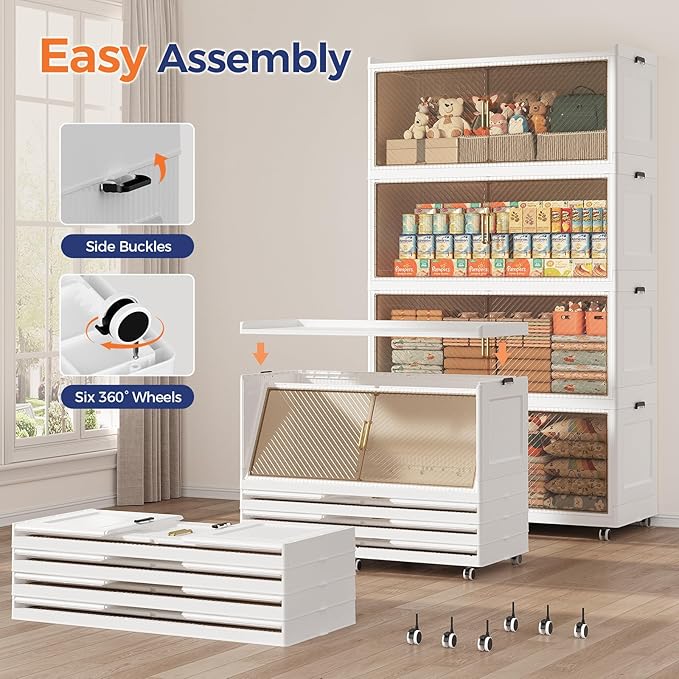 240 Gallon Extra Large Collapsible Storage Bin with Lid, 960QT Stackable Plastic Organizer with 6x Wheels, Foldable Drawer Cabinet for Closet, Living Room Office, Kitchen 3Pack, White