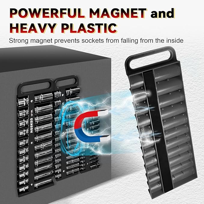 Magnetic Socket Holder Set with Handle, Portable Socket Organizer, Heavy Duty Socket Racks (Black, 1/2" Drive)