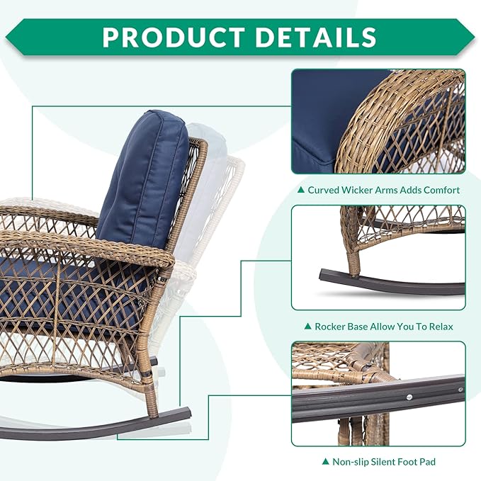 VIVIJASON 3-Piece Outdoor Conversation Bistro Set, Patio Wicker Rocking Chairs Rattan Furniture Sets w/ 2 Rattan Chairs, Cushions, Glass Top Side Table for Garden Porch Backyard (Navy Blue)