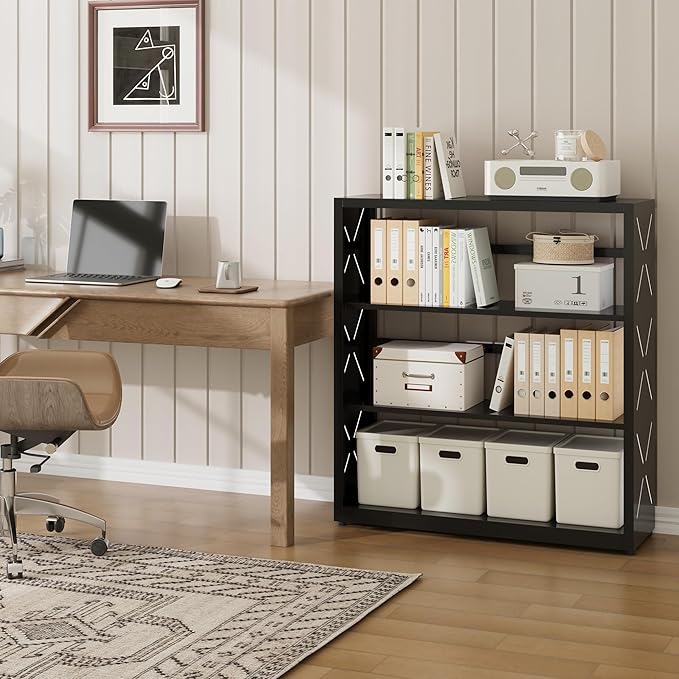 3 Tier Bookcase,Industrial Bookshelf,34" Black Metal Wide Bookshelf with Adjustable Feet and Adjustable Shelves,Home Office Bookcase Shelf Storage Organizer for Living Room、Kitchen