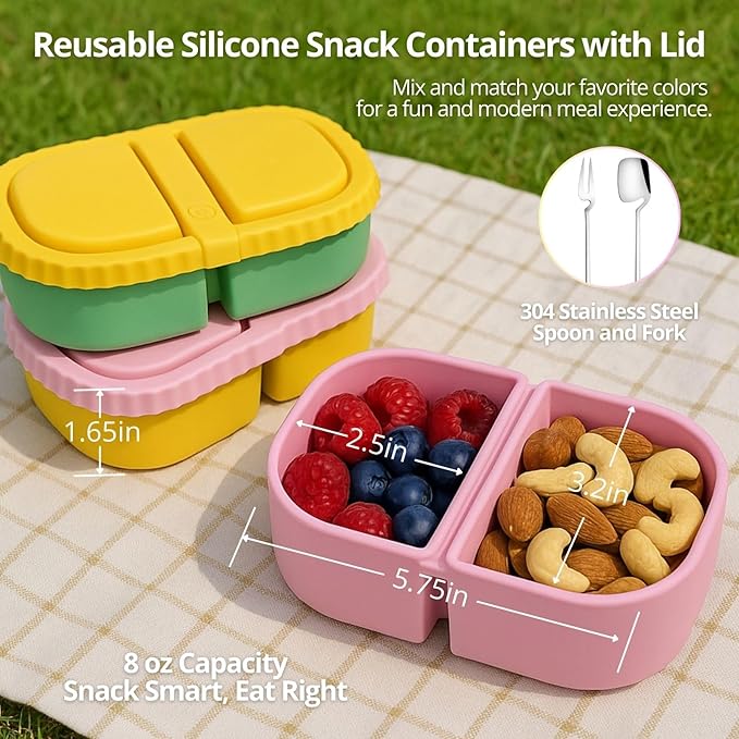 2 Pack Reusable Silicone Snack Containers with Lid, Strap, Spoon & Fork-2 Compartments Portable Mini Containers，Silicone Snack Storage Box for Picnic, Office, School(blue+green)