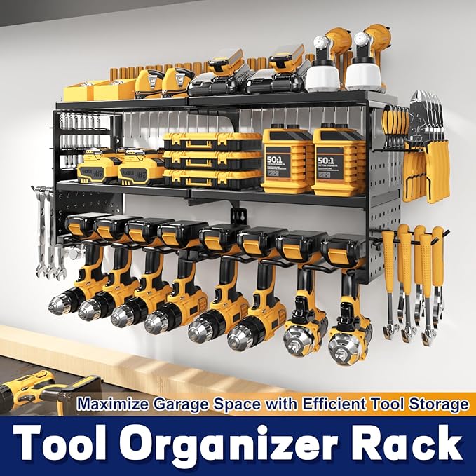 Power Tool Organizer Wall Mount, 300Lbs Load 3 Layer Heavy Duty Metal Tool Shelf with 8 Drill Holders, Garage Workshop Storage for Cordless Tools Batteries Screwdrivers(Black)