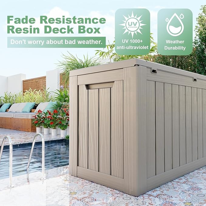 EasyUp 80 Gallon Deck Boxes Waterproof, Outdoor Large Storage Boxes with Lids, Outside Resin Storage Box & Deck Boxes for Patio, Garden Use(Gray)