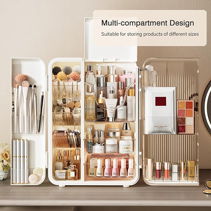 UAK Makeup Organizer with Drawers for Vanity, Cosmetic Display Case with Brush Holders, Storage for Skincare Countertop Bathroom (White)