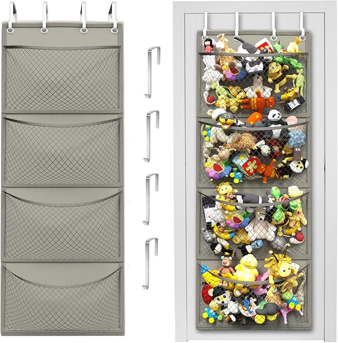 Honeyera Storage for Stuffed Animal - Over Door Organizer for Stuffies, Baby Accessories, and Toy Plush/Easy Installation with Breathable Hanging Pockets (Gray)