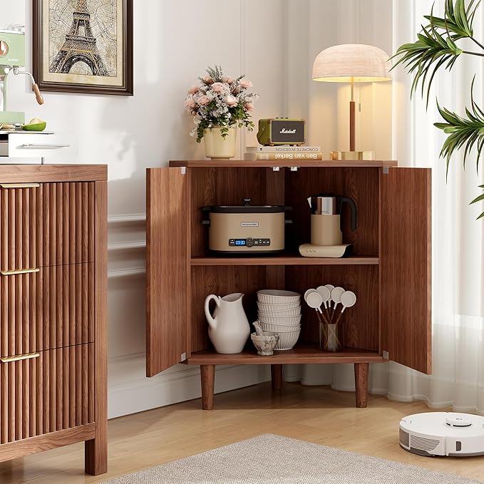 Fluted Floor Corner Kitchen Cabinet, Wooden Freestanding Cabinets Organizer with Door, Side Storage Organizer for Living Room, Dining Room, Bathroom Walnut