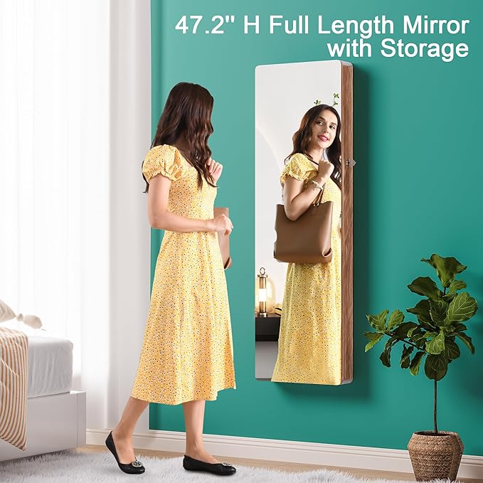 HNEBC LED Mirror Jewelry Cabinet,47.2" Wall Mounted Jewelry Organizer with Full-Length Mirror,Over The Door Hanging Jewelry Armoire Storage Cabinet,Folding Dresser,2 Drawers,Lockable, 3 Shelves(Wood)