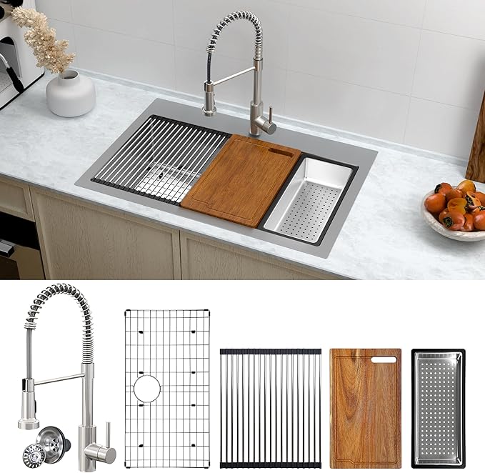 33 x 22 Drop-In/Undermount Kitchen Sink, TECASA Single Bowl Kitchen Sink with Pull Down Faucet, 18-Gauge T-304 Stainless Steel Basin with Workstation