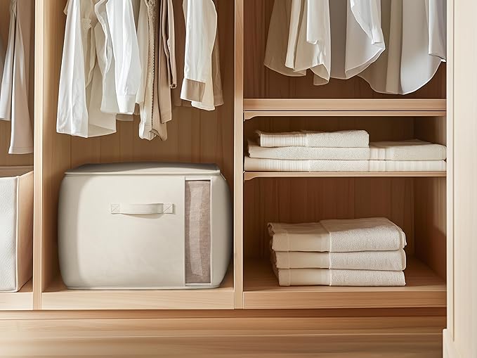Large Canvas Clothes Storage Bags with Thick Handles and Clear Window, Foldable Cotton Linen Underbed Closet Organizer for Clothing, Blankets and Bedding, 60L, 3 Pack, Beige