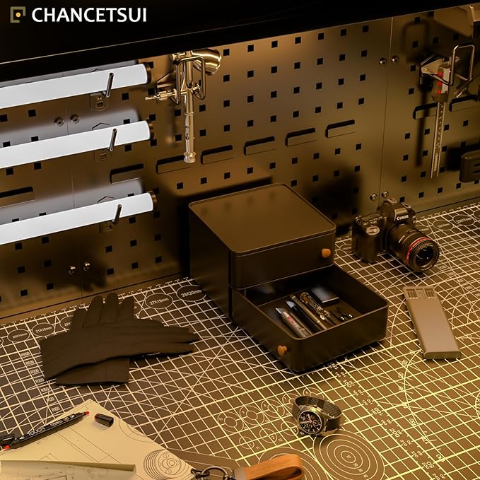 CHANCETSUI Black desk organizer for men: Multi function countertop container for gaming desk, workstation, bathroom storage, square storage box for black aesthetic