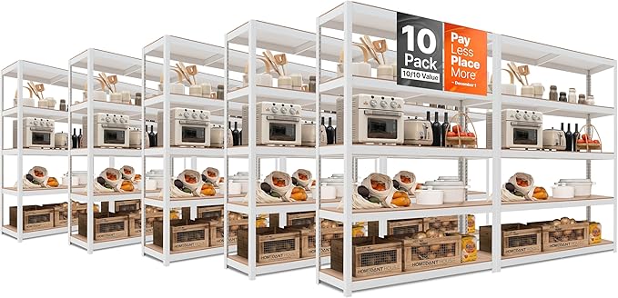 HOMEDANT House Lift-Beam White Boltless Heavy Duty Garage Storage Shelving Adjustable 5-Tier Metal Shelves Laminated Shelf Industrial Utility Rack Pantry 48.1" W x 24.4" D x 71.3" H 10Pack