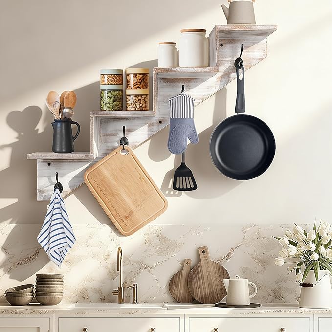 Coat Rack Wall Mount with Shelf, White Ladder Shelf with Hooks Underneath, Wall Mounted Rise Wooden shelves for Decorative, 4 Double Hooks for Hanging Coats, Keys, Books, Flowers, Planter, Towels