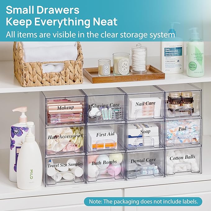 Vtopmart 6 Pack Small Clear Stackable Storage Drawers,Acrylic Bathroom Makeup Organizer,Plastic Storage Bins For Vanity, Undersink, Kitchen Cabinets, Pantry, Home Organization