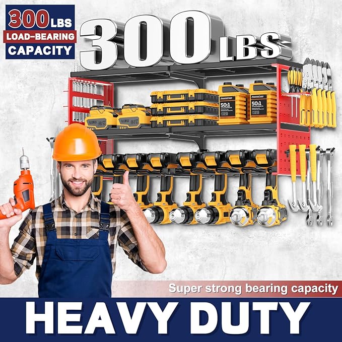 Power Tool Organizer Wall Mount, 300Lbs Load 3 Layer Heavy Duty Metal Tool Shelf with 8 Drill Holders, Garage Workshop Storage for Cordless Tools Batteries Screwdrivers(Red)