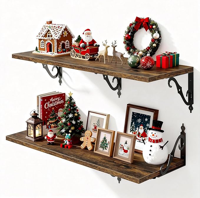Deep Floating Shelves for Wall, 32"W x 12"D Wall Shelves, 12 Inch Deep Floating Shelf with Bracket, 32 Inch Floating Shelf Set of 2, Rustic Shelves for Living Room, Bathroom and Kitchen, Rustic Brown