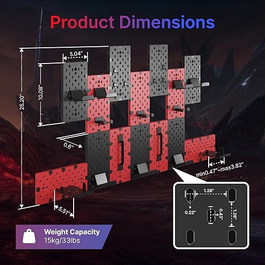 PEGZONE Controller and Headphone Holder Wall Mount, Modular Gaming Pegboard with Accessories, Controller Stand for Xbox PS5 PS4 Switch, Video Game Storage, Disc Shelf, 14pcs Pegboard, Black & Red