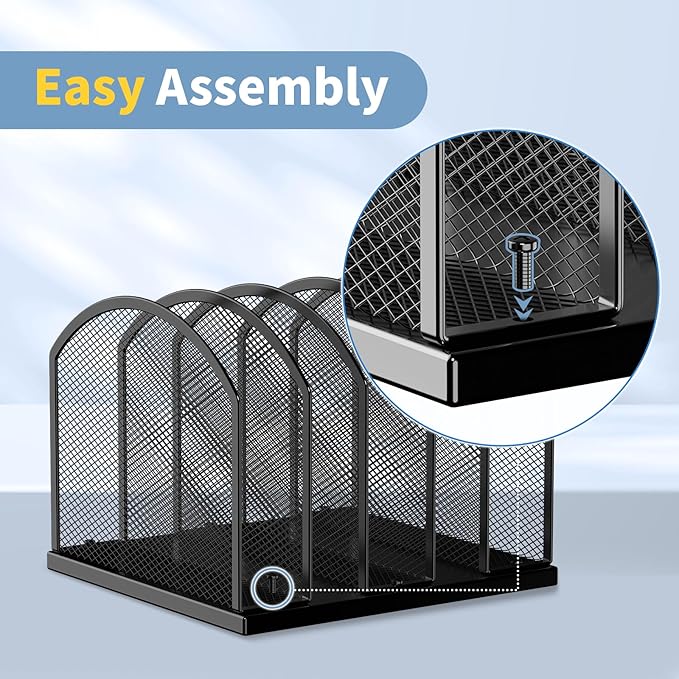 5-Section Vertical Desktop Organizer, 5-Section Mesh File Folder Stand Sorter for Office Home Classroom Organization (1, Blue)