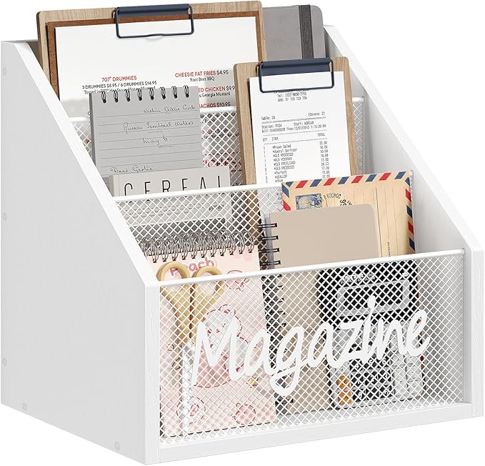 Magazine Holder, Wood Magazine Rack Floor, Mail Organizer Countertop, Magazine Mail Holder Sorter, Record Holder for Magazines, Books, Newspapers, Tablets, White MR02WW