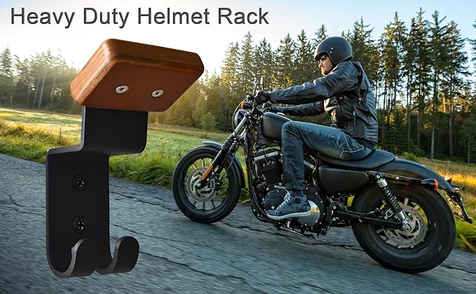 Helmet Holder Wall Mount, Motorcycle Gear Rack with 2 Key Hooks, Constructed with Solid Wood & Strong Steel for Bike Tactical Gear Baseball Football Skiing Helmet (1)