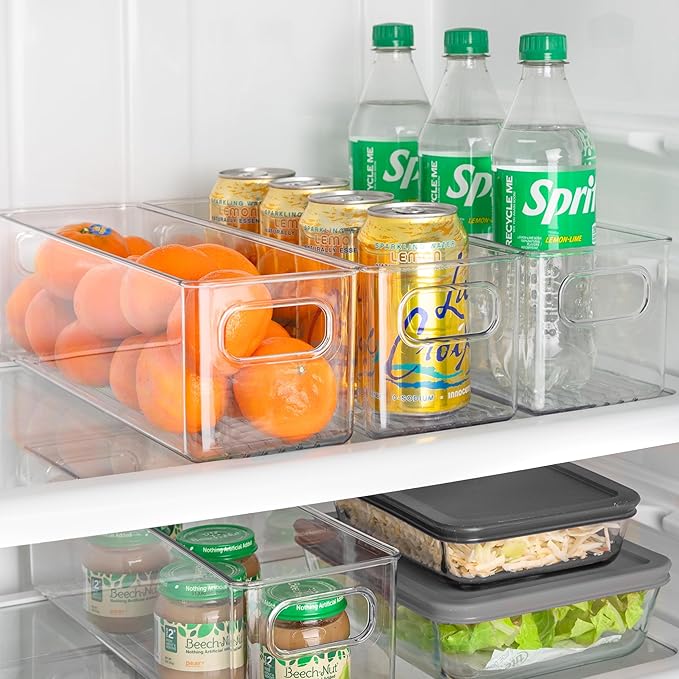 primebox Plastic Food Storage 6 Pack Clear Container Bin with Handles for Organizing Kitchen, Pantry, Refrigerator, Freezer, Pantry, Cabinet, Closet, Bathroom. 14”x4”x4”