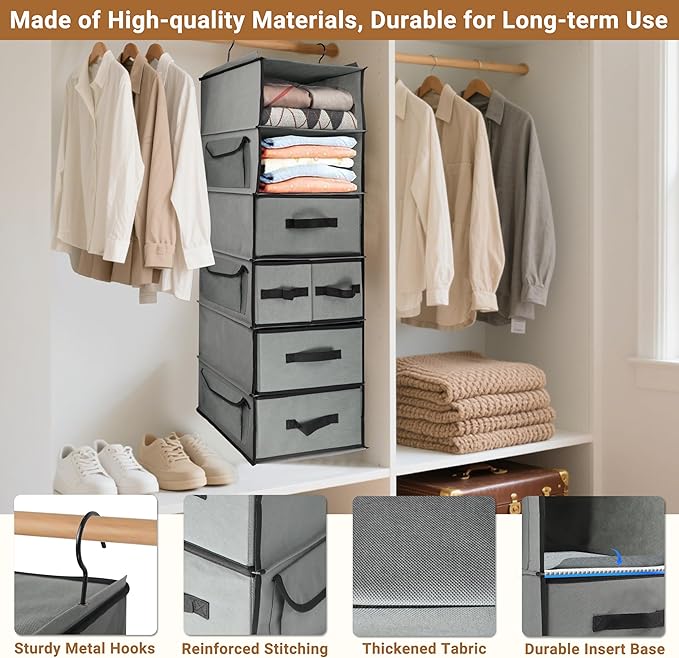 6-Tier Hanging Shelves with 5 Drawers & 3 Side Pocket,Durable Fabric Hanging Closet Organizer Holder with Sturdy Hook,Space-saving Storage Organization for Bedroom,Dorm,Guestroom,RV,Bathroom