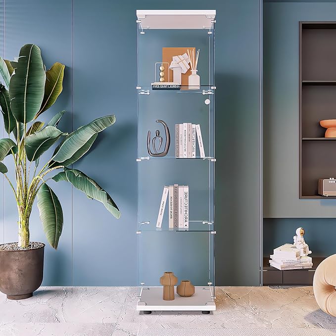 Beauty4U Glass Display Cabinet with 4 Shelves, Curio Cabinets for Living Room, Bedroom, Office, White Floor Standing Glass Bookshelf, Quick Installation